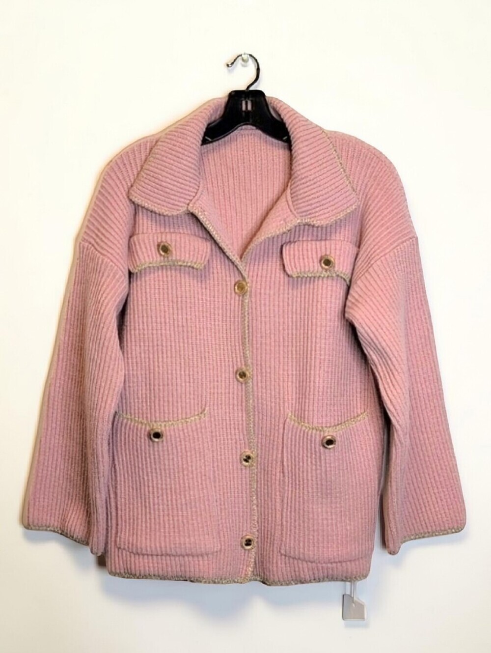 Some Others NY Blush Ribbed Button Up Cardigan Metallic Trim Gold Buttons L
